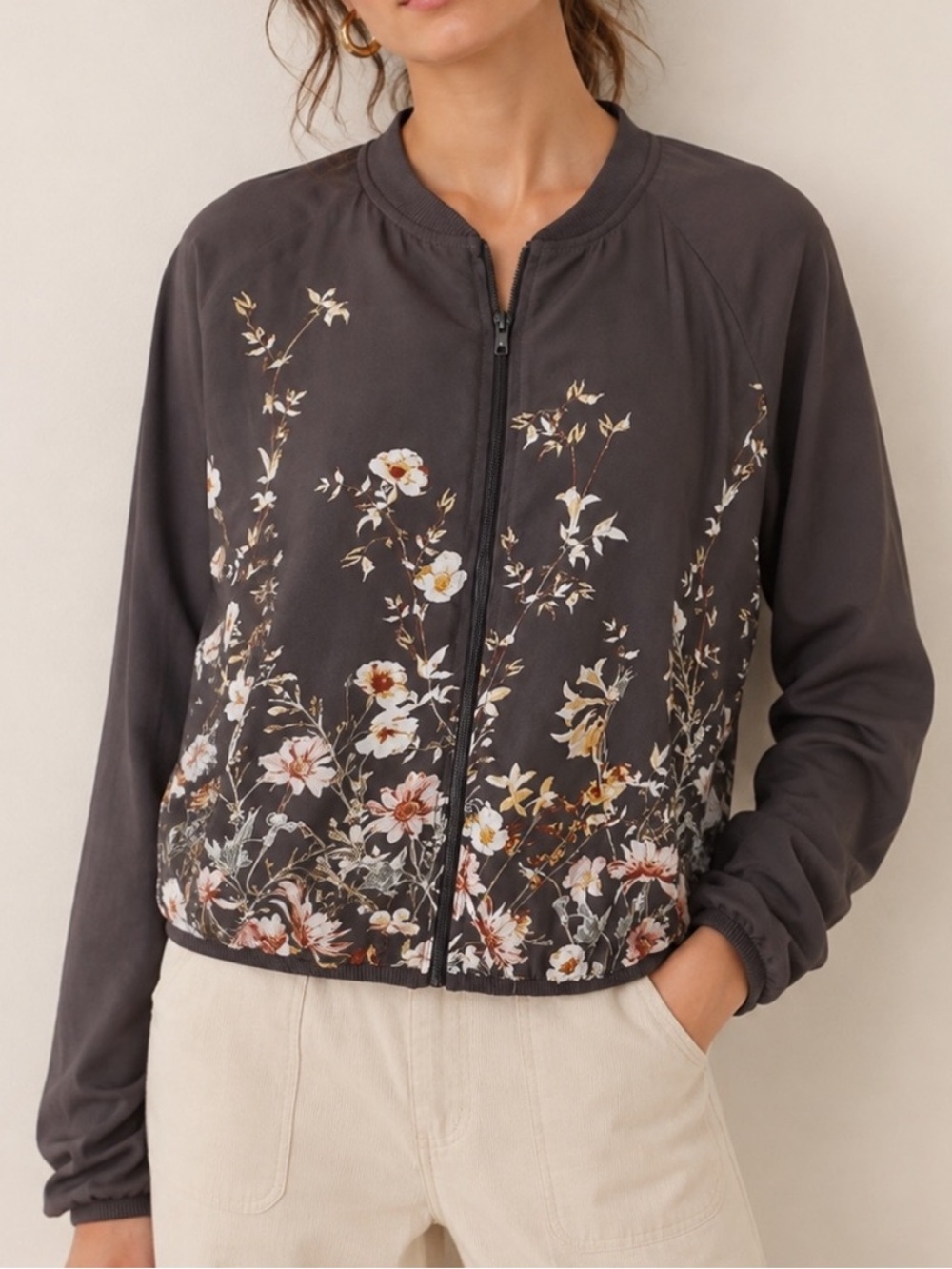 Maurices Gray Floral Boho Whimsy Zip-Front Jacket Size Medium